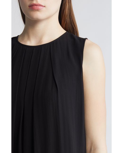 Eileen Fisher Black Pleated Jewel Neck Silk Midi Shift Dress