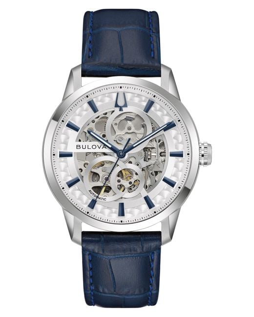 Bulova Blue Sutton Skeleton Automatic Leather Strap Watch, 40Mm for men