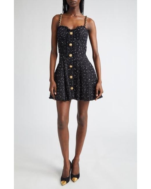 Balmain Black Chain Strap Polka Dot Tweed Fit & Flare Dress