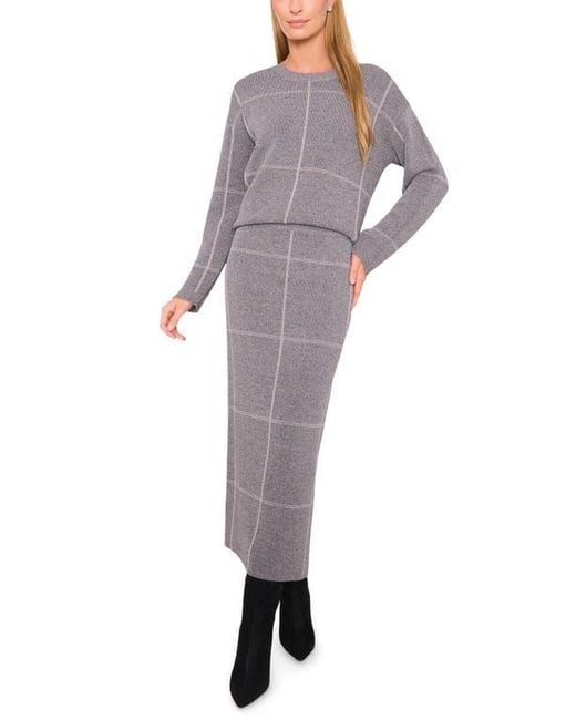 Halogen® Gray Grid Check Crewneck Sweater