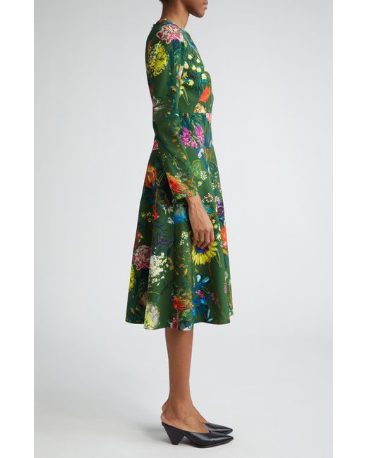 Lela Rose Green Lily Floral Tiered Long Sleeve Dress