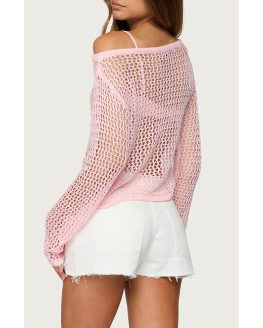 Edikted Pink Inara Off-The-Shoulder Long Sleeve Mesh Top