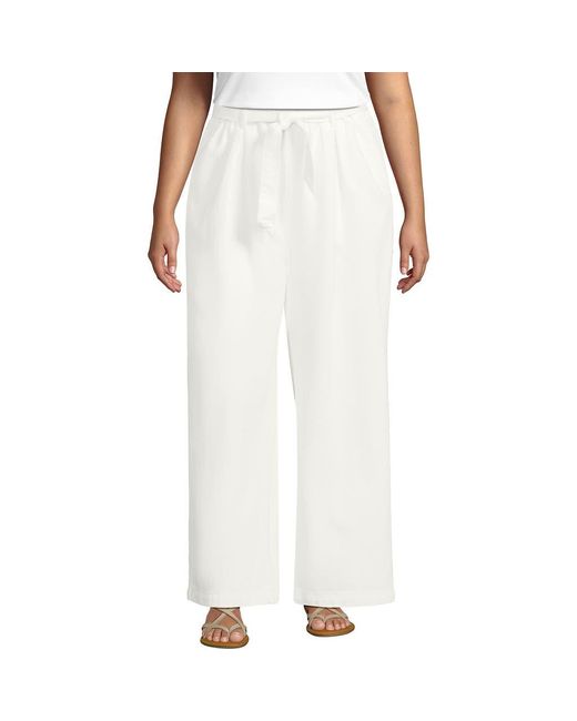 Lands' End White Plus Size High Ridge Twill Pull On Pleated Wide Leg Pants