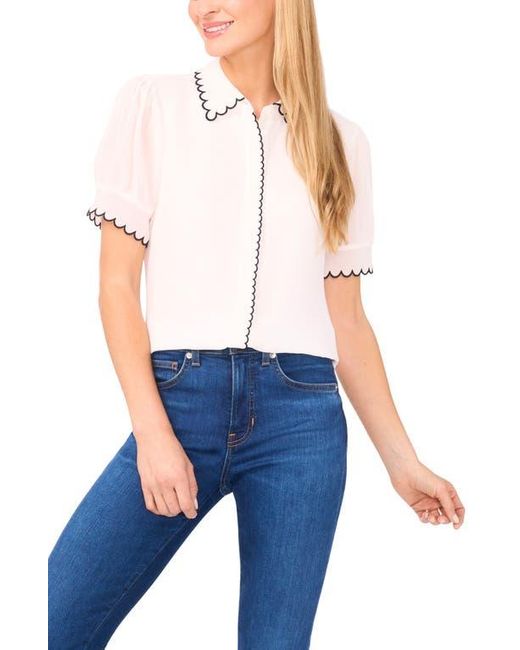 Cece Blue Scallop Trim Puff Sleeve Button-Up Shirt