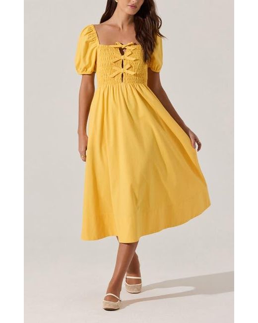 Astr Yellow Bow Detail Smock Bodice Cotton Blend Dress