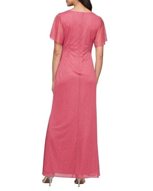 Sl Fashions Red Sparkle Embellished Shoulder Gown