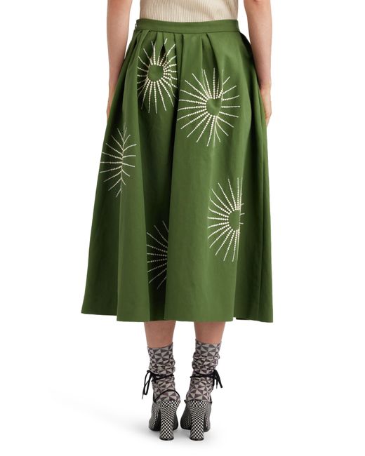 Dries Van Noten Green Sunburst Embroidered Cotton Poplin Midi Skirt