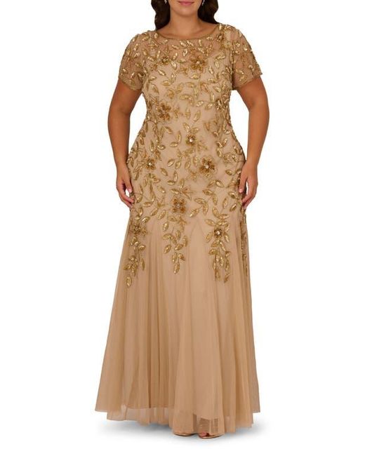 Adrianna Papell Brown Beaded Floral Godet Gown