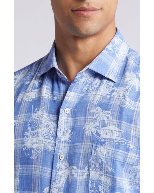 Peter Millar Blue Shoreside Tropical Print Short Sleeve Linen Button-up Shirt for men
