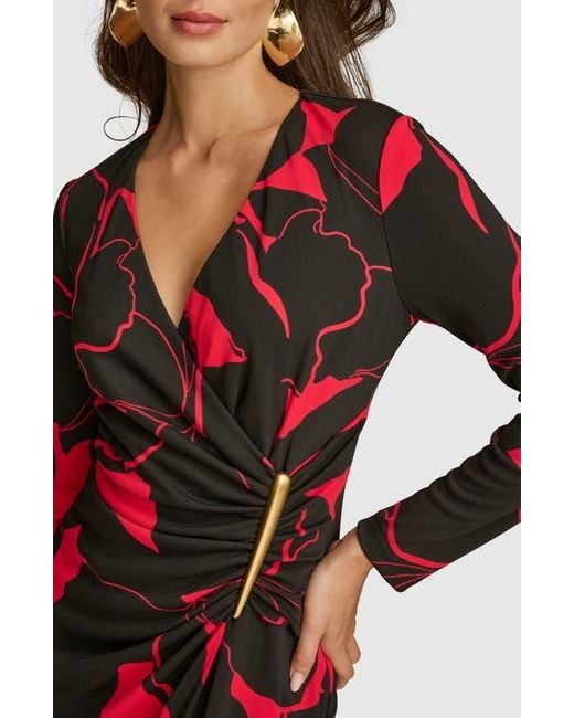 Donna Karan Red Bar Long Sleeve Faux Wrap Jersey Midi Dress