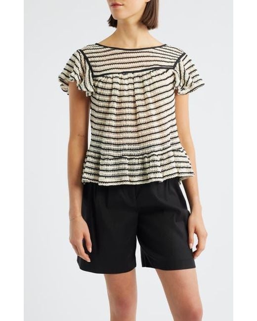 Bobeau Black Ruffle Open Stitch Short Sleeve Sweater