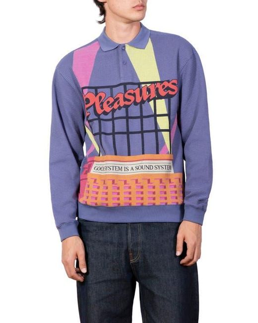 Pleasures Blue Spotlight Print Long Sleeve Cotton Waffle Knit Polo for men
