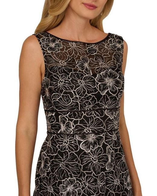 Adrianna Papell Floral Embroidery Cocktail Midi Dress in Black | Lyst