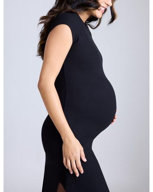 Motherhood Maternity Black Rib Knit Short Sleeve Raglan Midi Dress