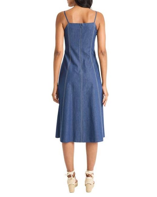 Maggy London Blue Topstitch Sleeveless Chambray Midi Dress