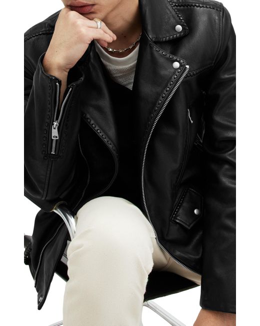 AllSaints Black Warner Relaxed Fit Whipstitch Leather Biker Jacket for men