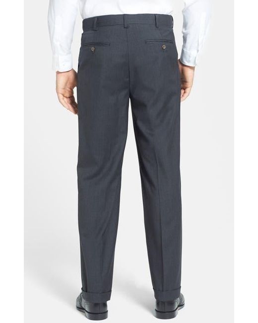 Berle Blue Self Sizer Waist Pleated Lightweight Plain Weave Classic Fit Trousers for men