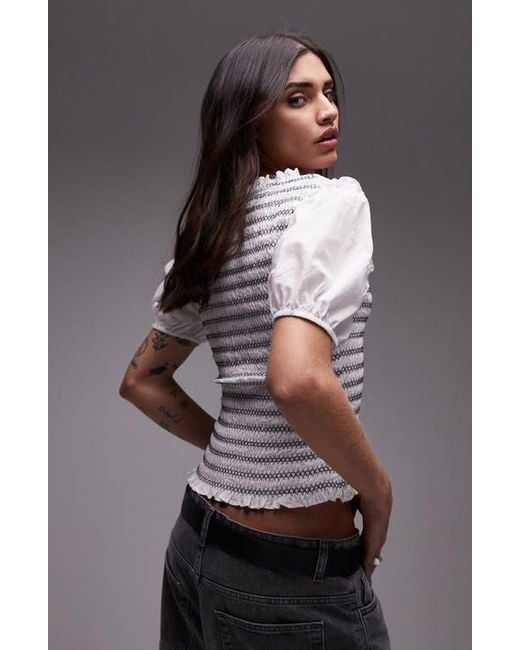 TOPSHOP Gray V-Neck Puff Sleeve Shirred Top