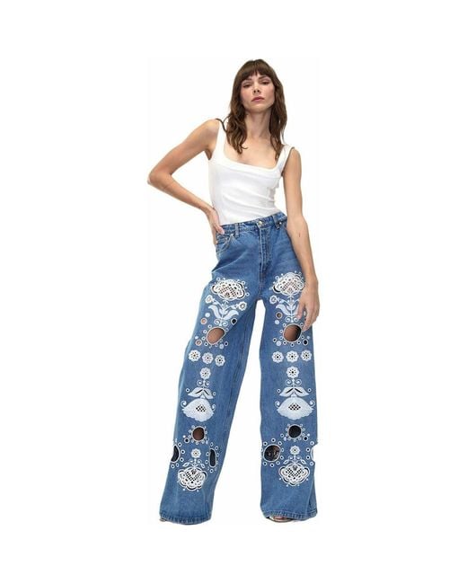 Cynthia Rowley Blue Embroidered Wide-Leg Jean