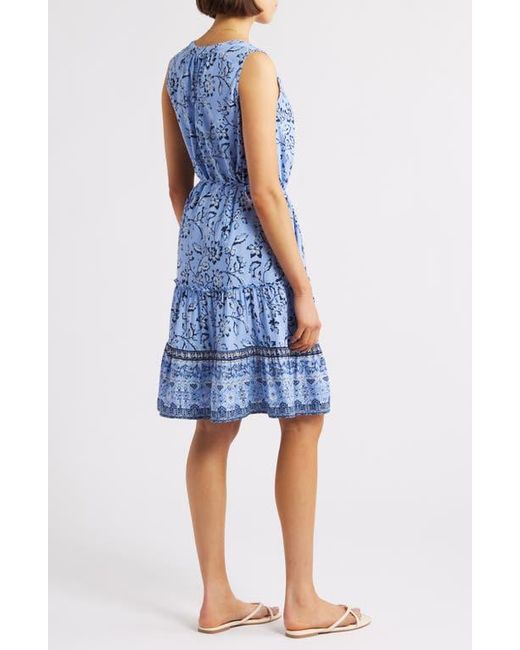 Beach Lunch Lounge Blue Atlas Print Sleeveless Tiered Dress