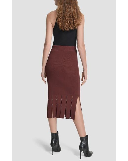 DKNY Red Grommet Trim Fringe Hem Sweater Midi Skirt