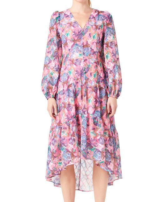 Endless Rose Red Floral Print Long Sleeve High-low Dress