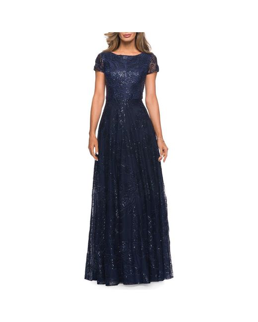 La Femme Blue Sequin Lace A-Line Gown With Sheer Short Sleeves