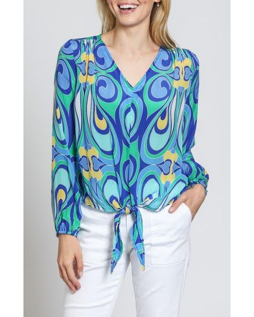 Apny Blue Print Tie Front Top