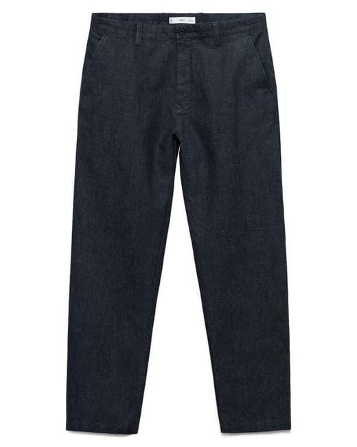 Mango Blue Straight Fit Flat Front Cotton & Linen Twill Pants for men