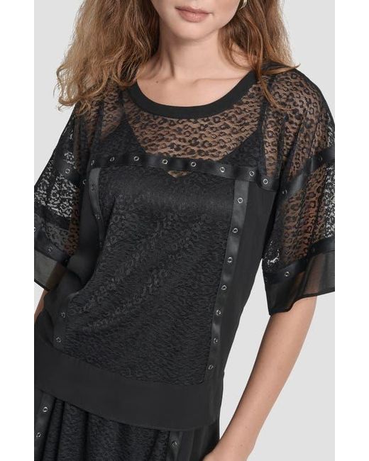 DKNY Black Flowy Leopard Mesh Boxy Top