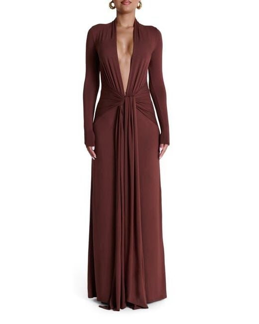 Naked Wardrobe Red Plunge Neck Long Sleeve Stretch Jersey Maxi Dress