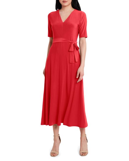 Chaus Red V-neck Belted Midi Dress