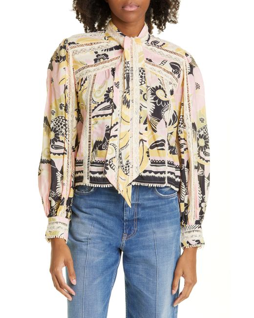 FARM Rio Tie Neck Long Sleeve Blouse in Blue Lyst