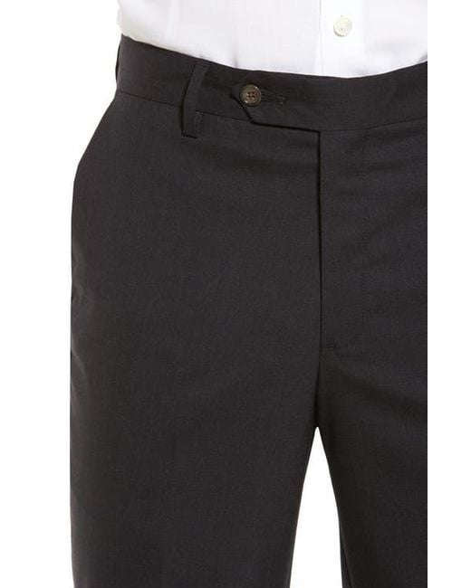Berle Black Flat Front Stretch Solid Wool Trousers for men