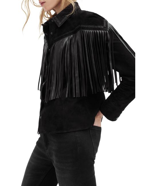 AllSaints Black Cleo Western Leather Fringe Suede Shirt Jacket