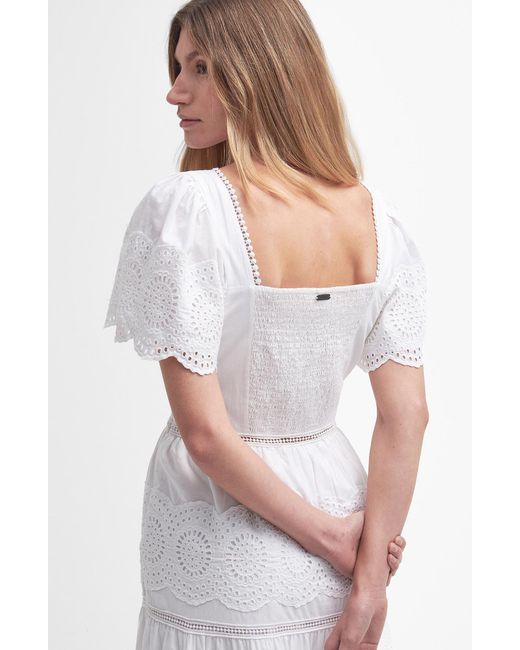 Barbour White Joanne Eyelet Embroidered Tiered Cotton Midi Dress