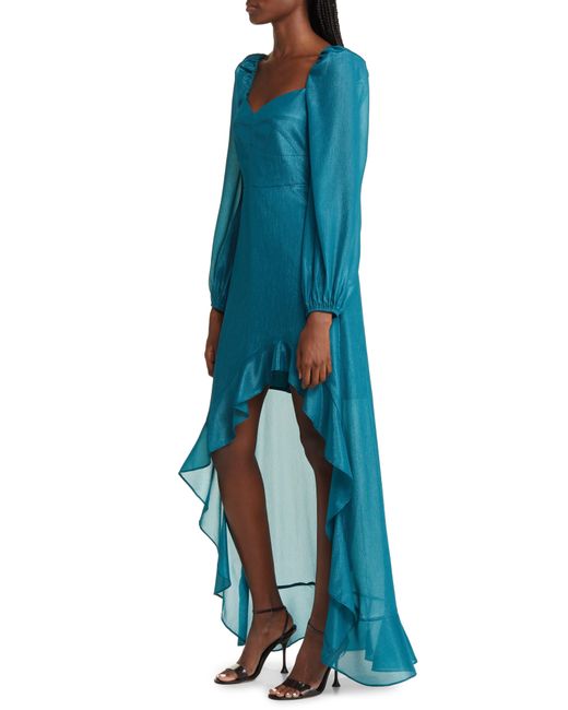 FLORET STUDIOS Blue Cascading Ruffle Long Sleeve Satin Dress