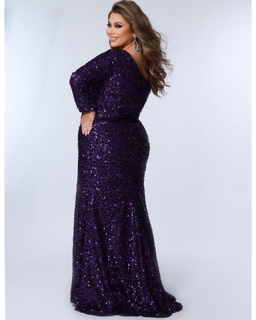 Sydney's Closet Purple One-Shoulder Long Sleeve Sequin Plus Size Gown