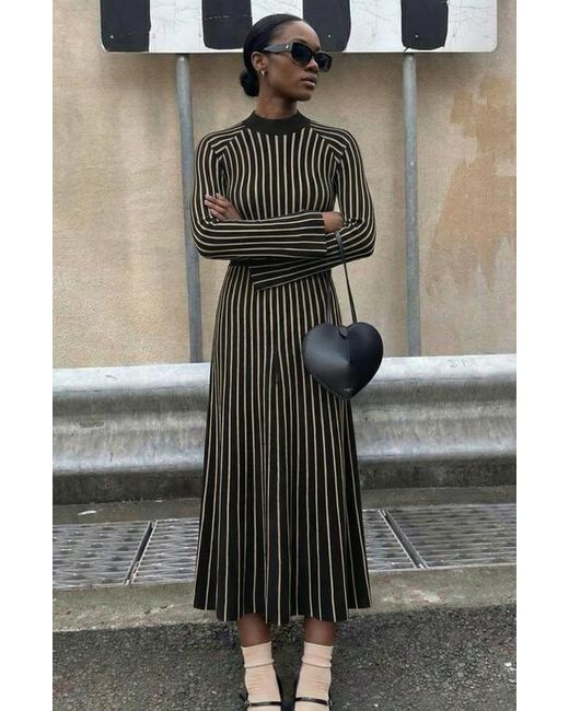 ワンピース Cotton Striped Ribbed Knit Dress Modenaire Striped Rib-Knit Long Sleeve Maxi Dress With Mock Neck