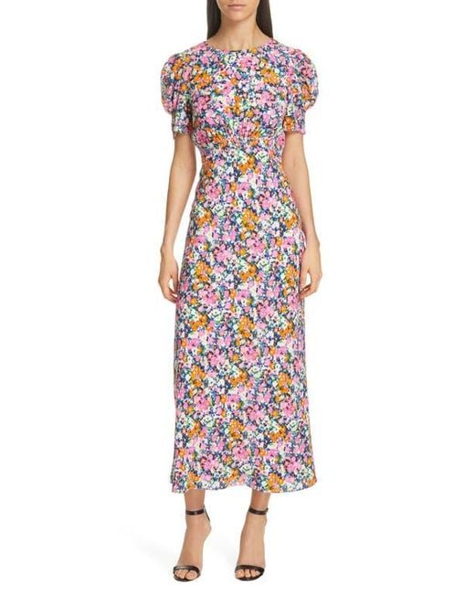 Saloni Red Bianca Puff Sleeve Silk Midi Dress