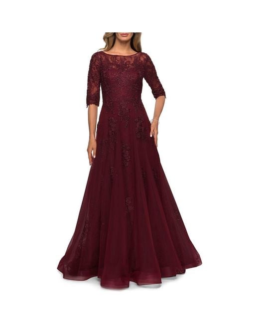 La Femme Red Lace And Tulle A-Line Gown With Three Quarter Sleeves