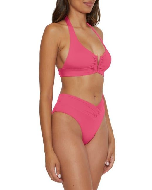 Becca Pink Shirred V-Wire Halter Bikini Top