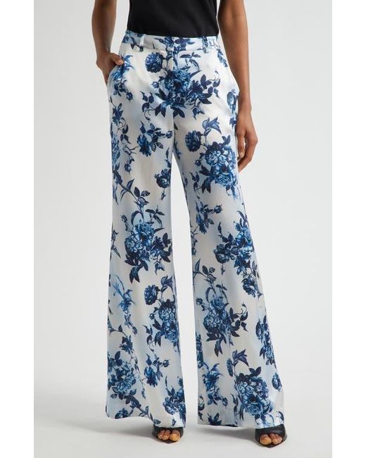 L'Agence Blue Pilar Rose Print Wide Leg Silk Pants