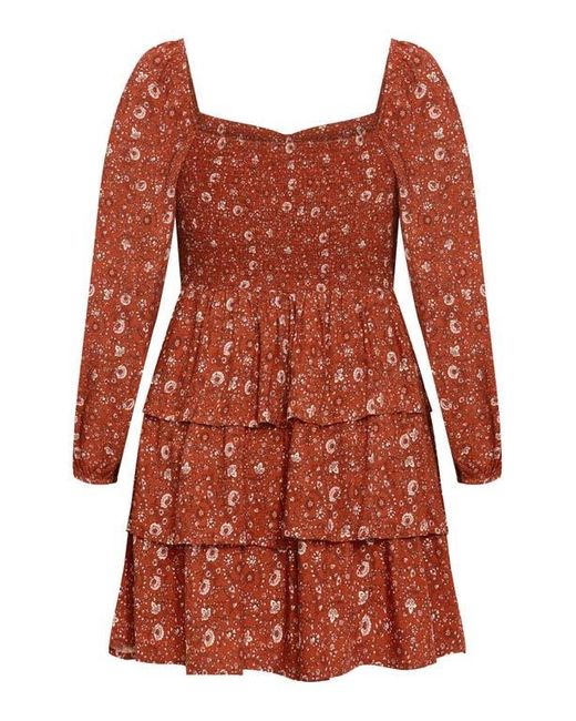 City Chic Orange Floral Print Long Sleeve Tiered Minidress