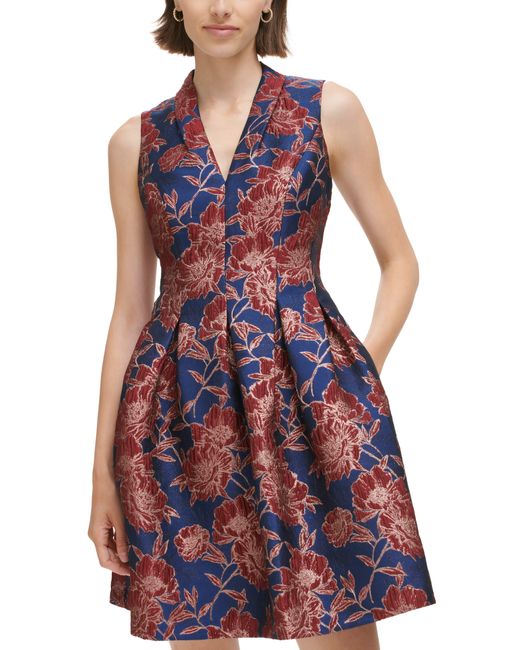 Vince Camuto Red Petite Sleeveless Floral Jacquard Dress