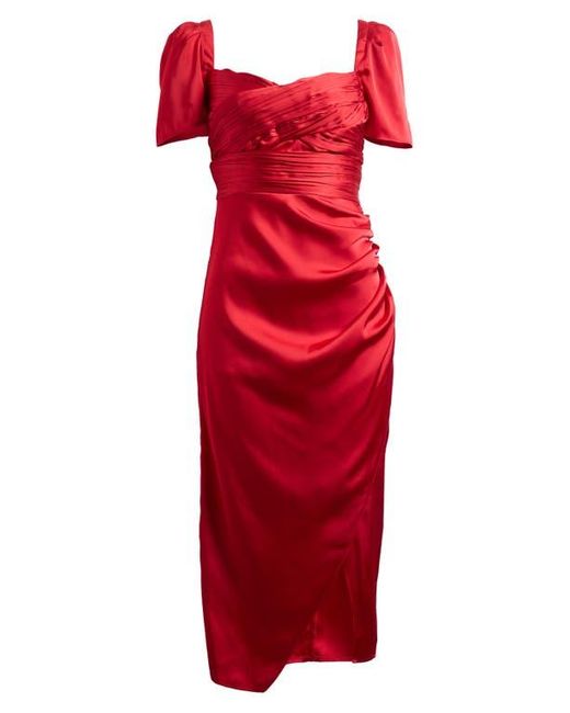 Satin Sweetheart Pleated Sheath Dress With Slit Slate Blue