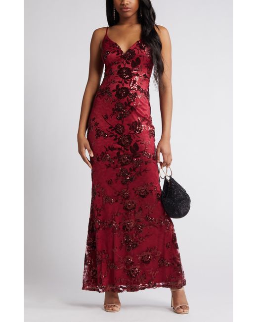Lulus Red Shine Language Floral Sequined Lace Gown