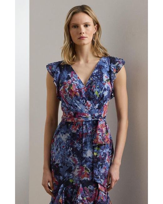 Ralph Lauren Blue Abstract Floral Ruffle Detail Crinkle Georgette Gown