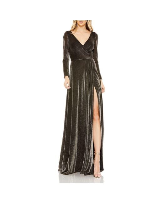 Mac Duggal Multicolor Long Sleeve Faux Wrap A Line Gown