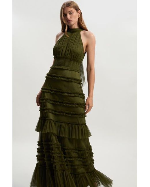 Karen Millen Women's Green Tulle Layered Halter Neck Maxi Dress